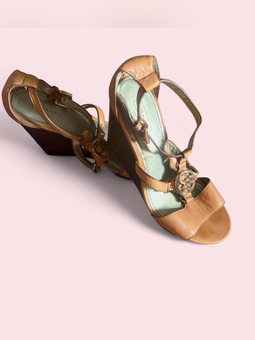 Coach Vintage Tan Leather Wedge Sandals with Gold Logo Medallion 7